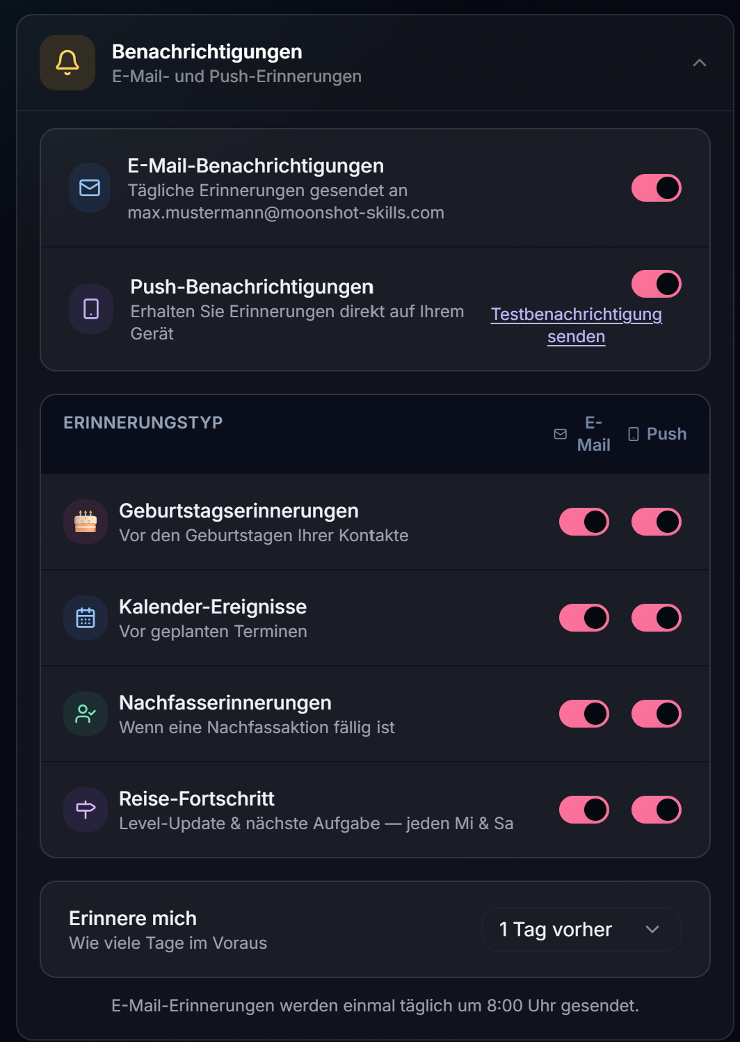 Der Abschnitt „Benachrichtigungen“ mit den Schaltern je Anlass und Kanal sowie der Vorlaufzeit