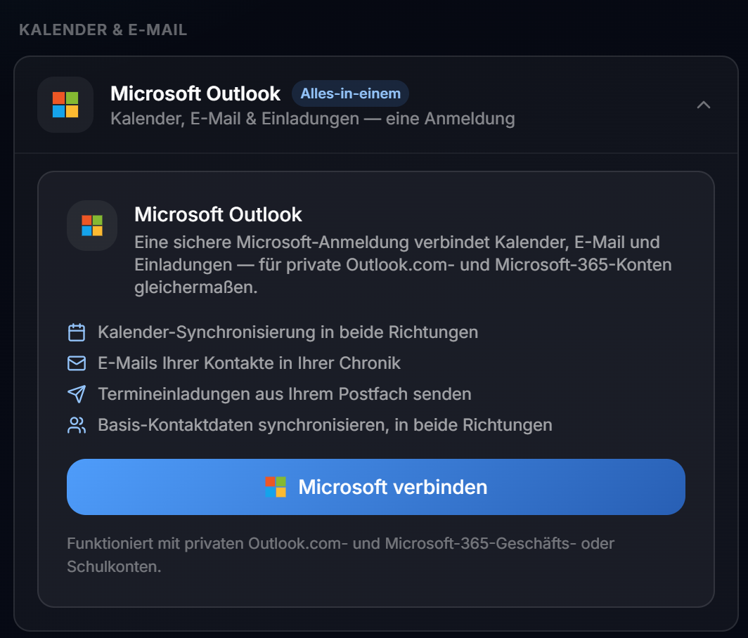 Der Abschnitt „Microsoft Outlook" mit dem Button „Microsoft verbinden" und der Auflistung der vier Funktionen
