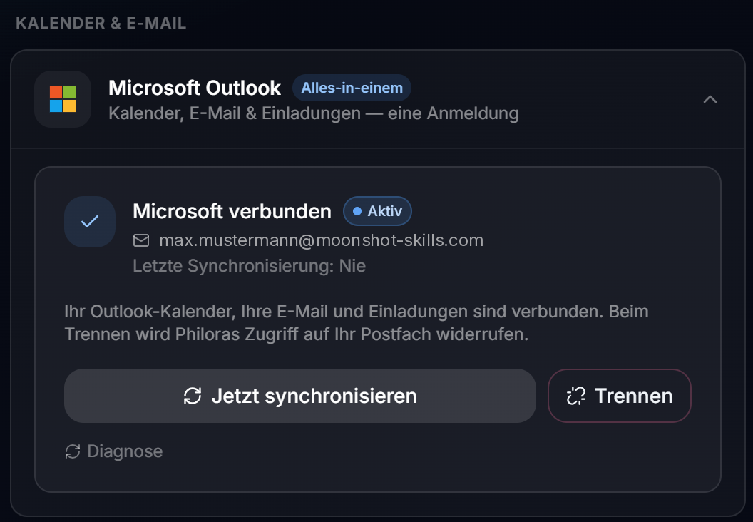 Der verbundene Zustand mit Statusmeldung und Synchronisierungs-Ergebnis