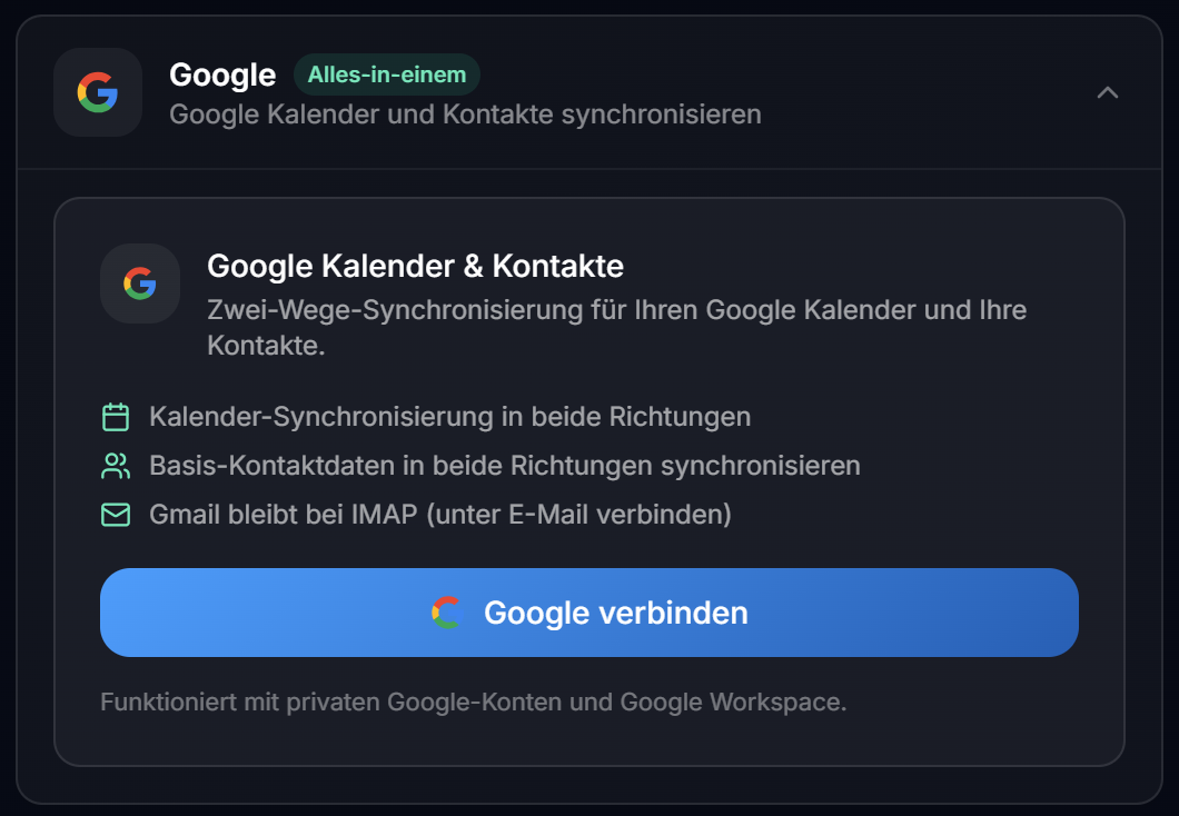 Der Abschnitt „Google Kalender &amp; Kontakte" mit dem Anmelde-Button und der Auflistung der Funktionen