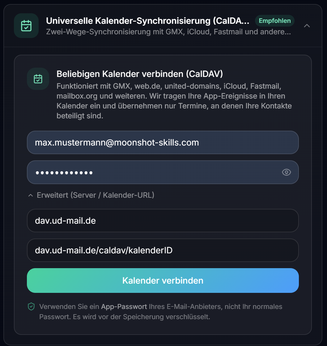 Das CalDAV-Formular mit den Feldern E-Mail und App-Passwort sowie dem aufklappbaren Bereich „Erweitert"