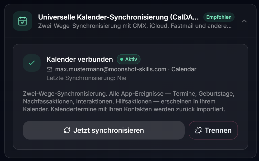 Der verbundene Zustand mit der Ergebniszeile der Synchronisierung