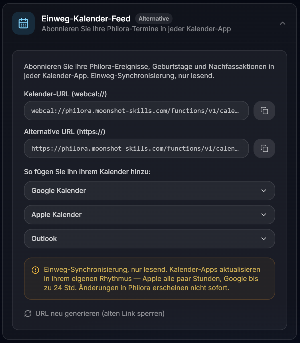 Der Abschnitt „Einweg-Kalender-Feed“ mit den beiden URLs und den Anleitungen je Kalender-Anbieter