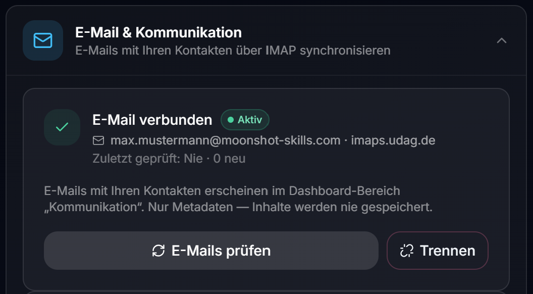 Der Abschnitt zeigt den Status „E-Mail verbunden" mit der Anzahl neu gefundener Nachrichten