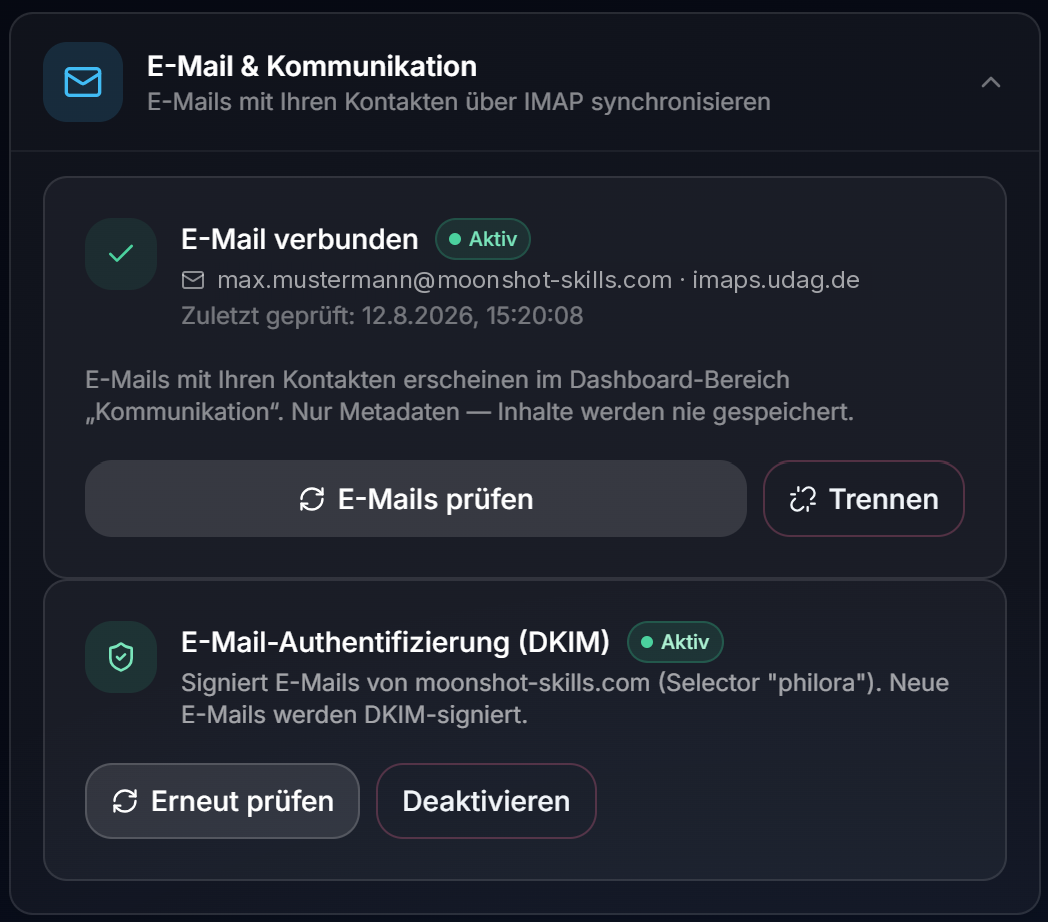 Der DKIM-Abschnitt mit dem erzeugten DNS-Eintrag: Host, Typ und Wert samt Kopier-Schaltflächen