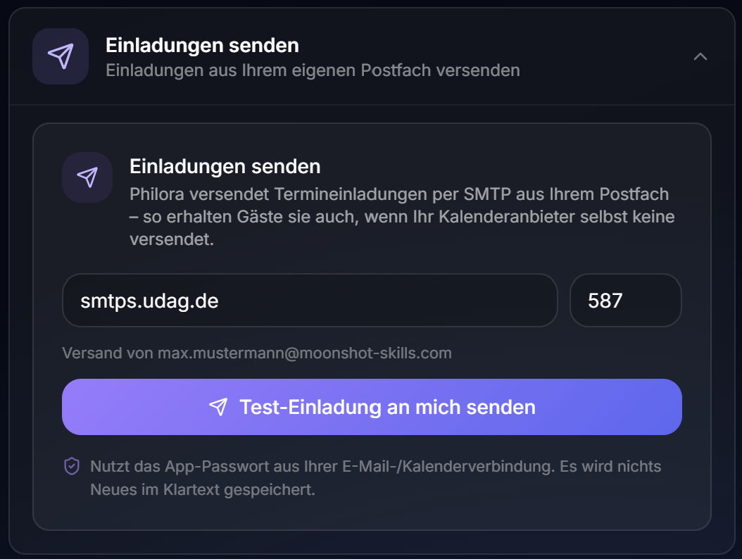 Der Abschnitt „Einladungen senden“ mit SMTP-Server, Port und dem Button für die Test-Einladung