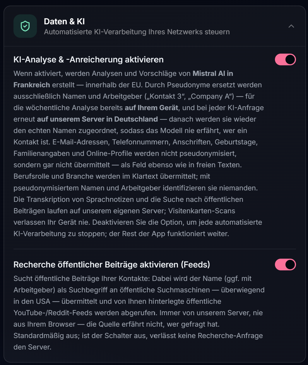 Der Abschnitt „Daten & KI“ mit dem Schalter für KI-Analyse und dem darunterliegenden Schalter für die Recherche