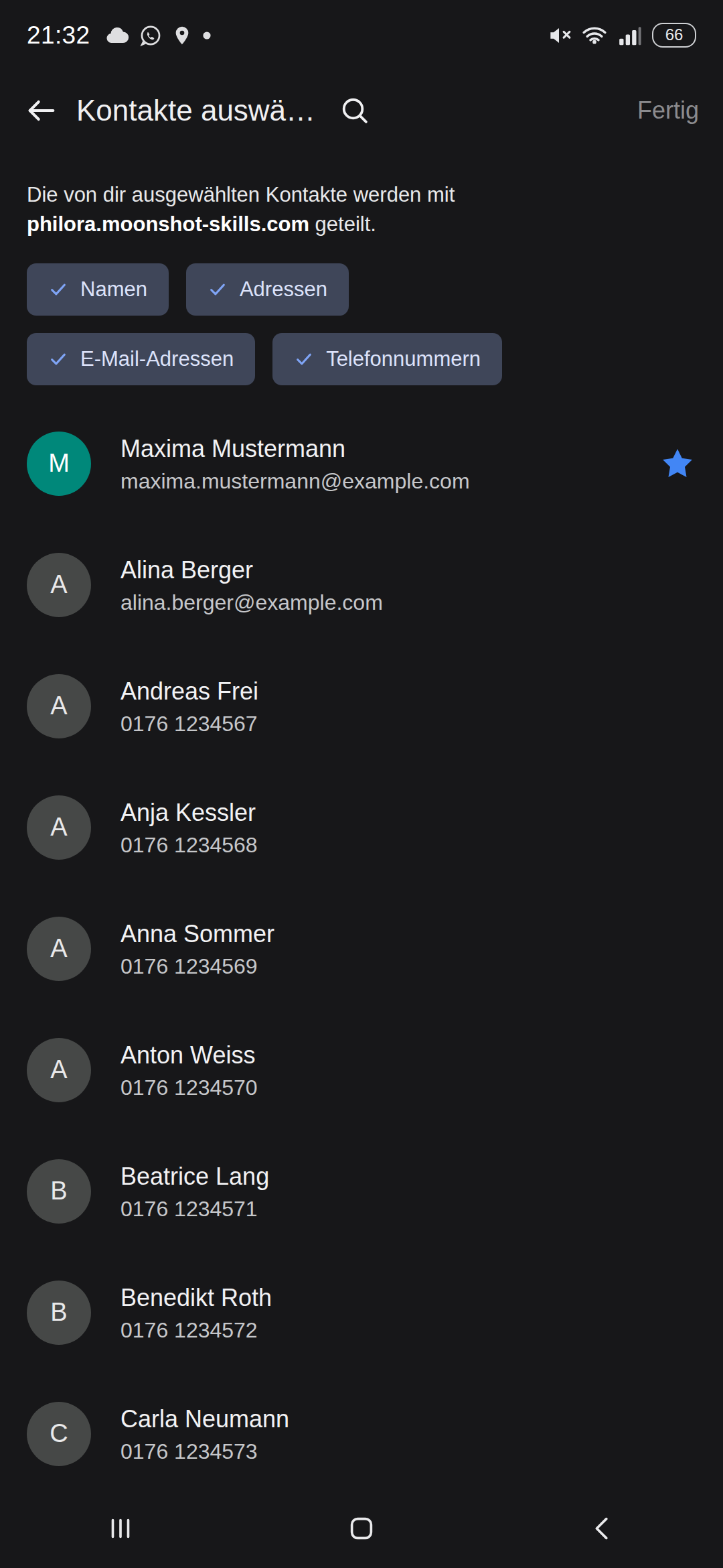 Die Prüfliste des Imports mit auswählbaren Kontakten